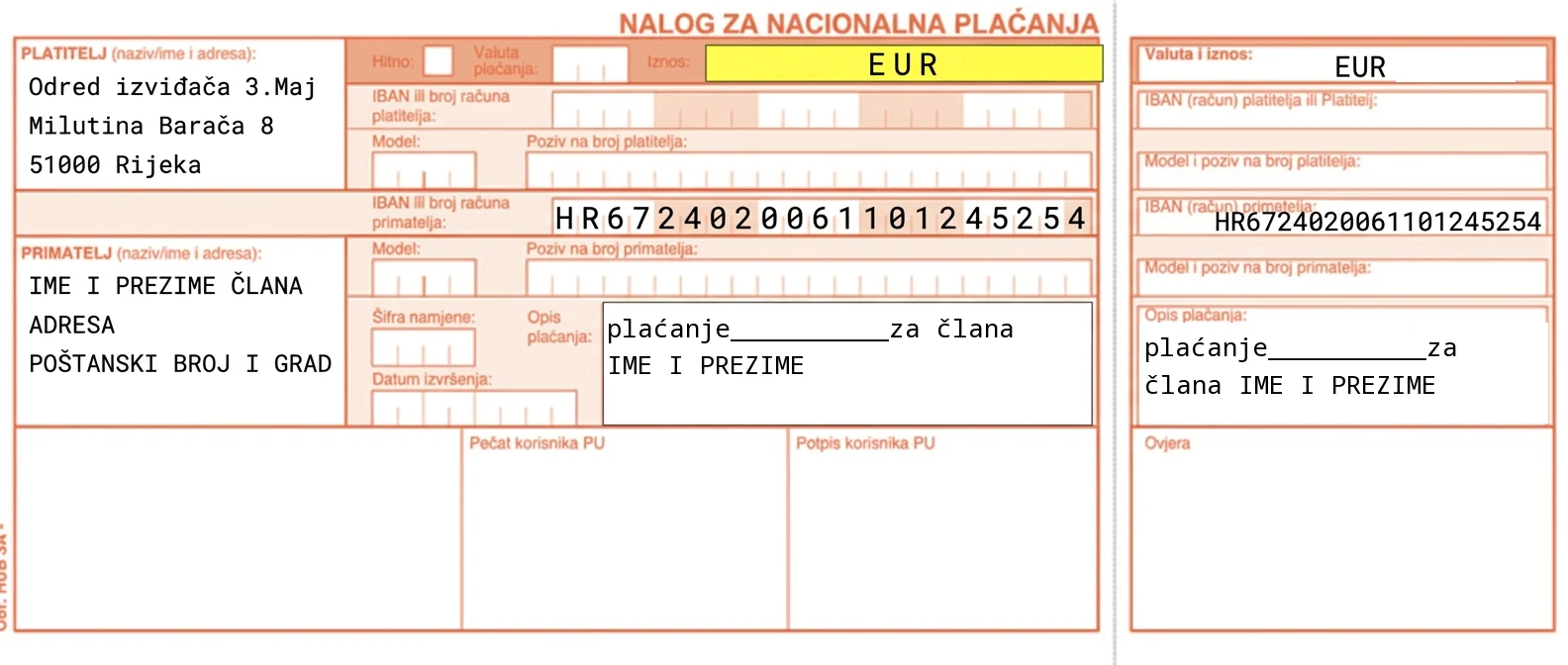 Primjer ispunjene uplatnice za članarinu odreda